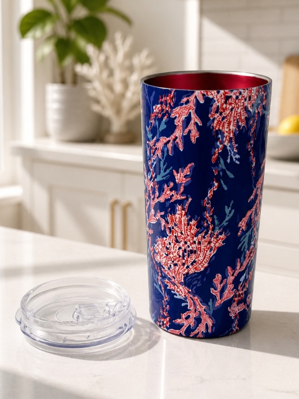 Lilly Pulitzer 16 oz Navy Tumbler with Pink Coral Motif NWT and box
